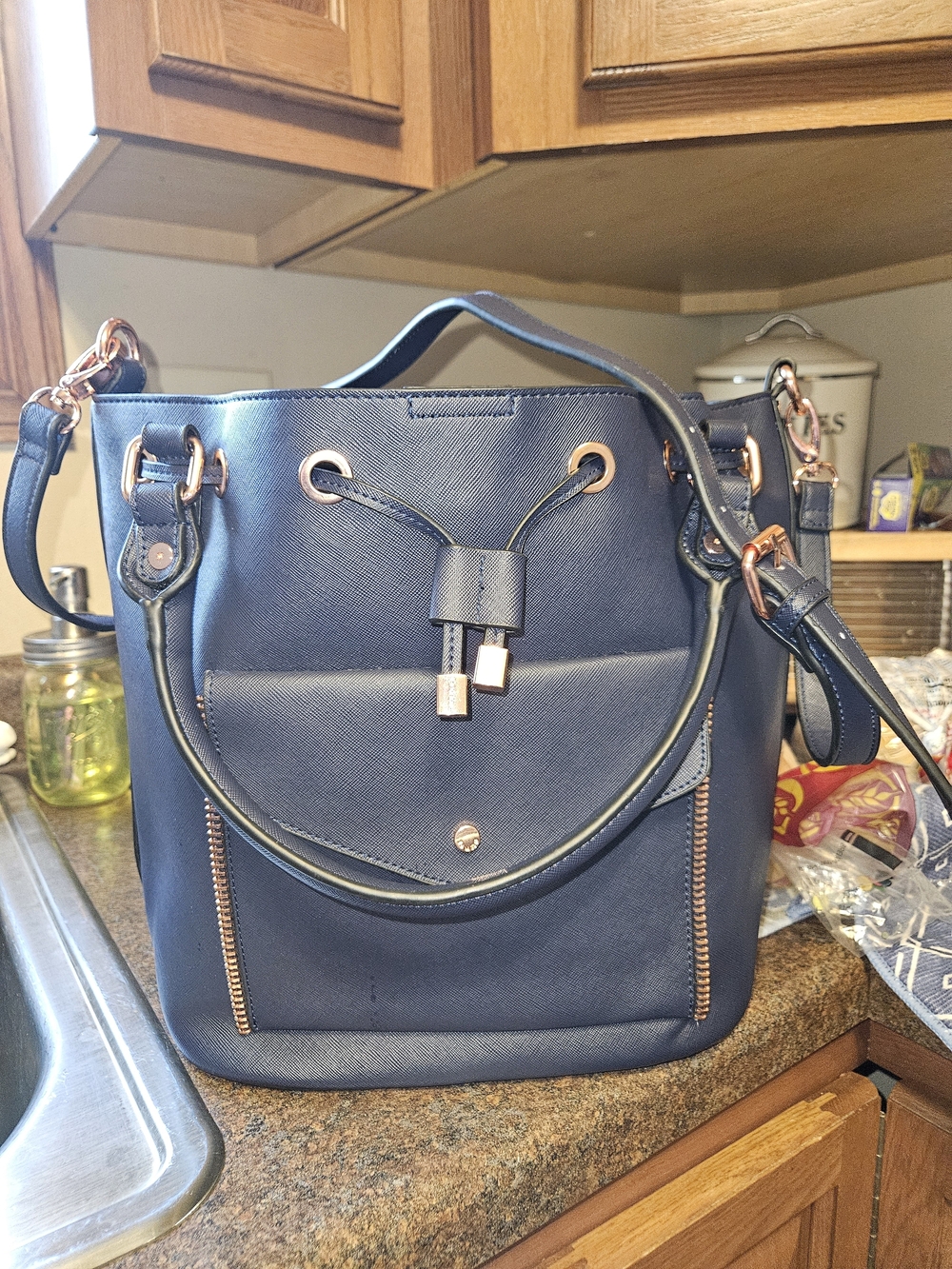 Dune London Navy Blue Bucket Bag with Rose Gold-Tone/Copper Hardware NWOT - Picture 4 of 16